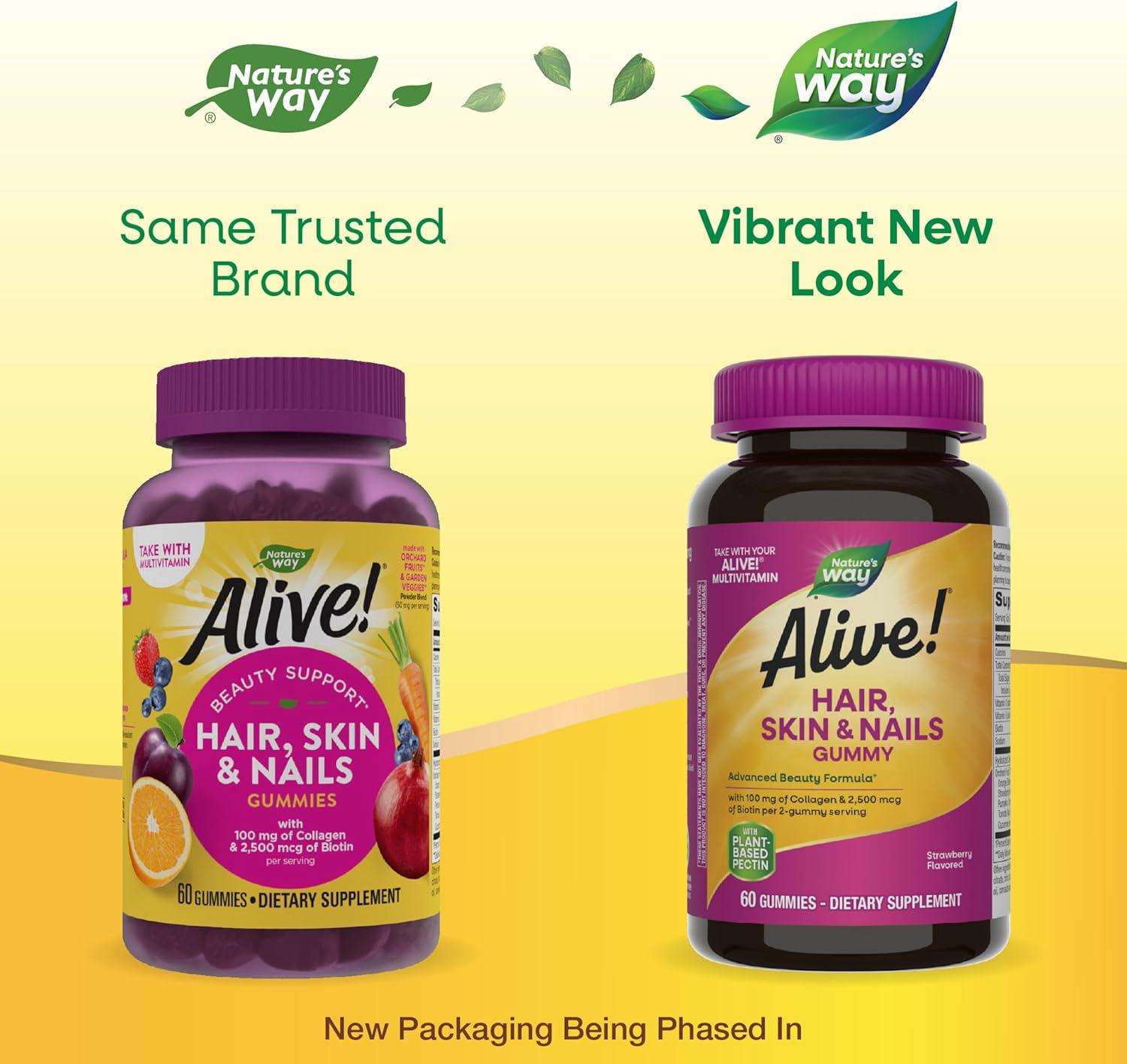 image:imageNatures Way Alive Hair Skin amp Nails Gummy Supplement Advanced Beauty Formula with Collagen 100 mg amp Biotin 2500 mcg per 2gummies Strawberry Flavored 60 Gummies Packaging May VaryStrawberry