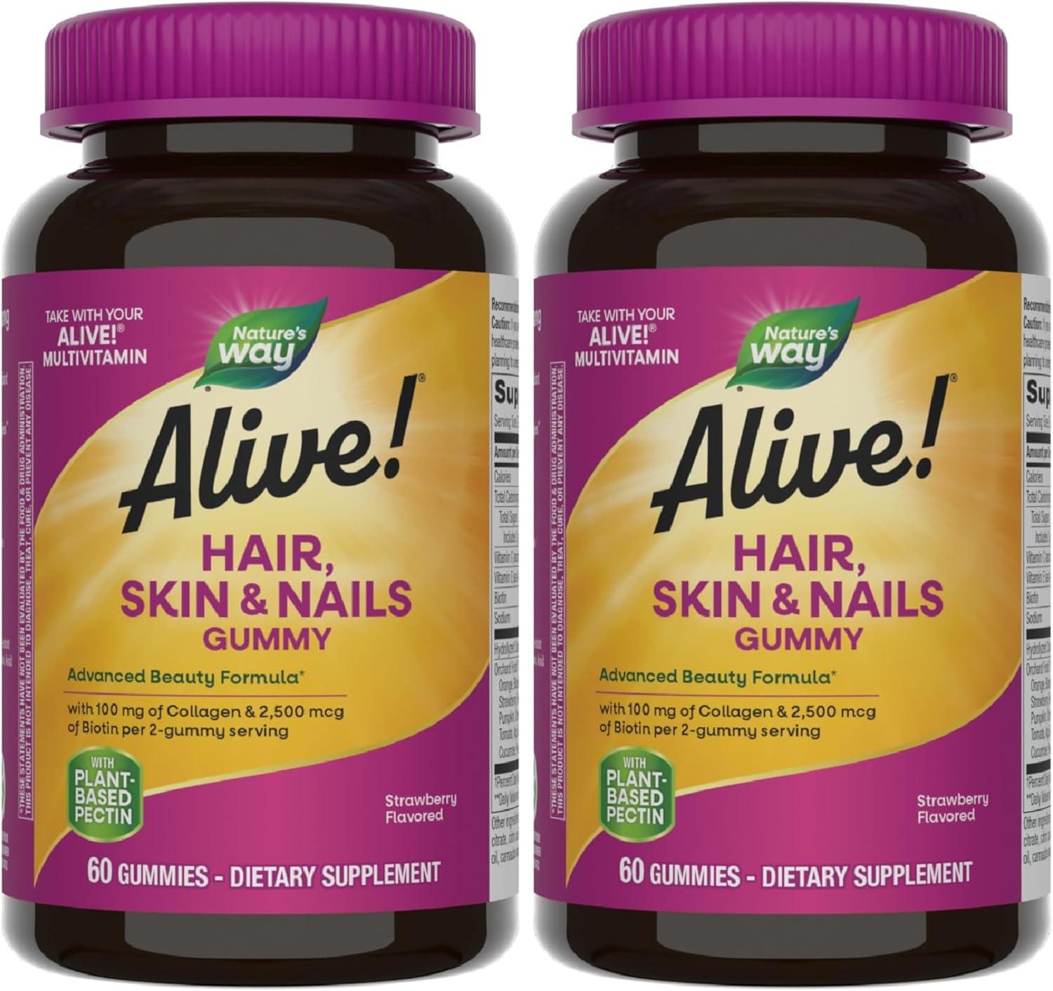 image:imageNatures Way Alive Hair Skin amp Nails Gummy Supplement Advanced Beauty Formula with Collagen 100 mg amp Biotin 2500 mcg per 2gummies Strawberry Flavored 60 Gummies Packaging May VaryStrawberry