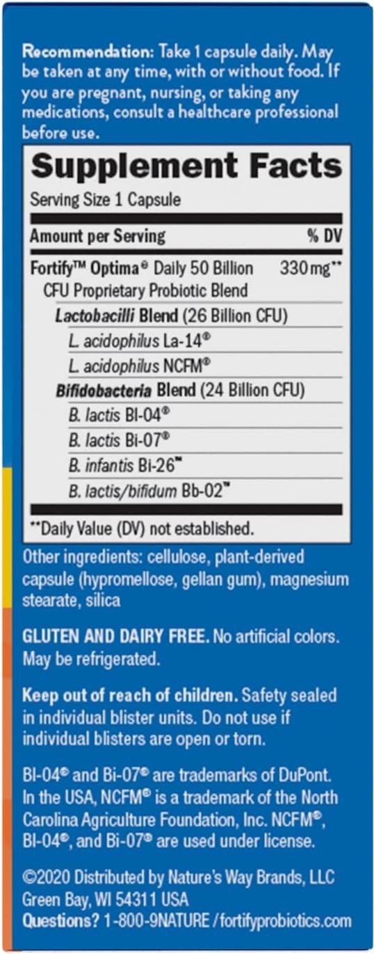 image:imageNatures Way Fortify Optima Probiotic for Men and Women 50 Billion Live Cultures 6 Strains Supports Digestive and Immune Health 30 Capsules Packaging May Vary