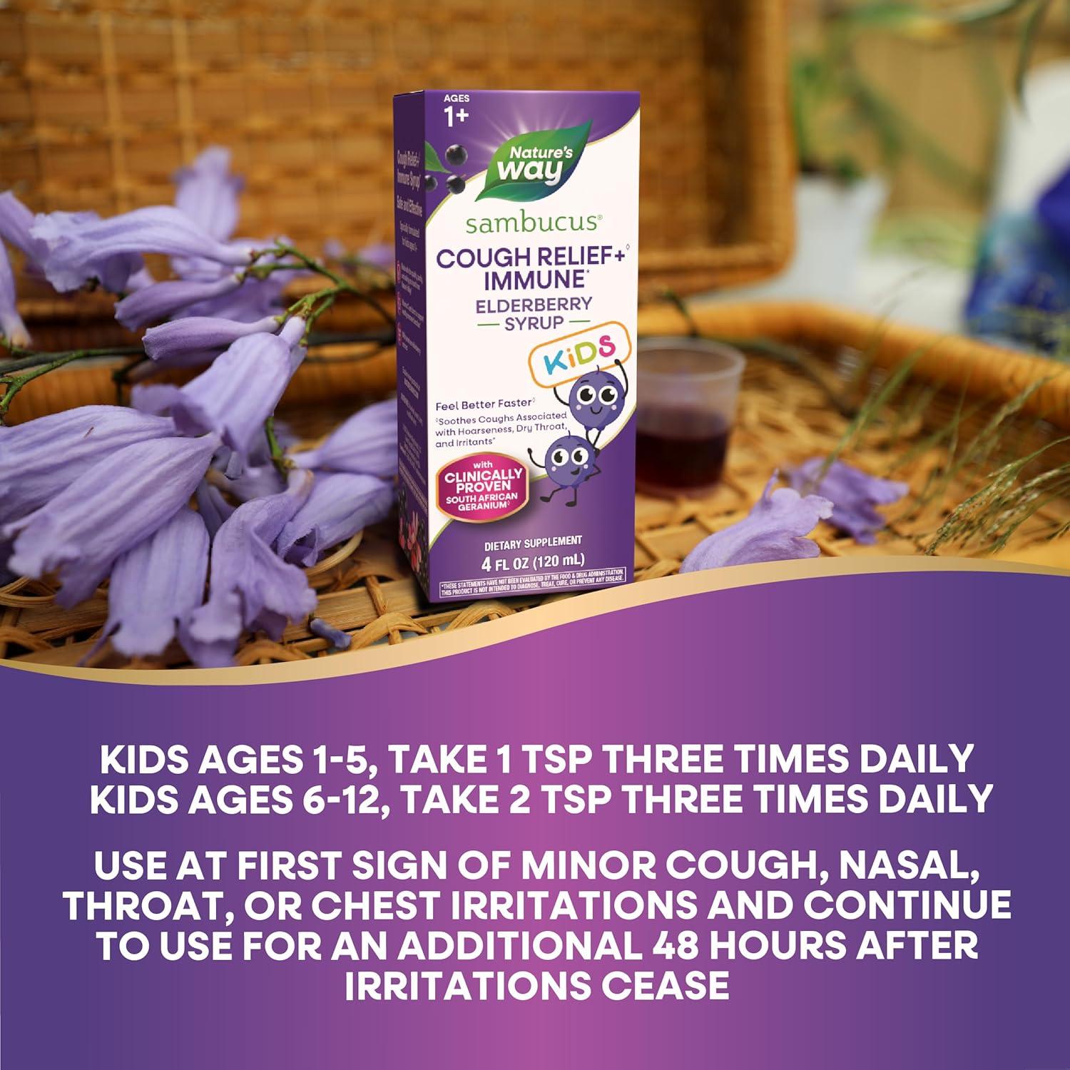 image:imageNatures Way Sambucus Kids Cough Relief 1 Immune Syrup Feel Better Faster1 Clinically Proven South African Geranium with Elderberry Extract Vitamin C amp Zinc Gluten Free Vegan 4 Fl Oz4 Ounce