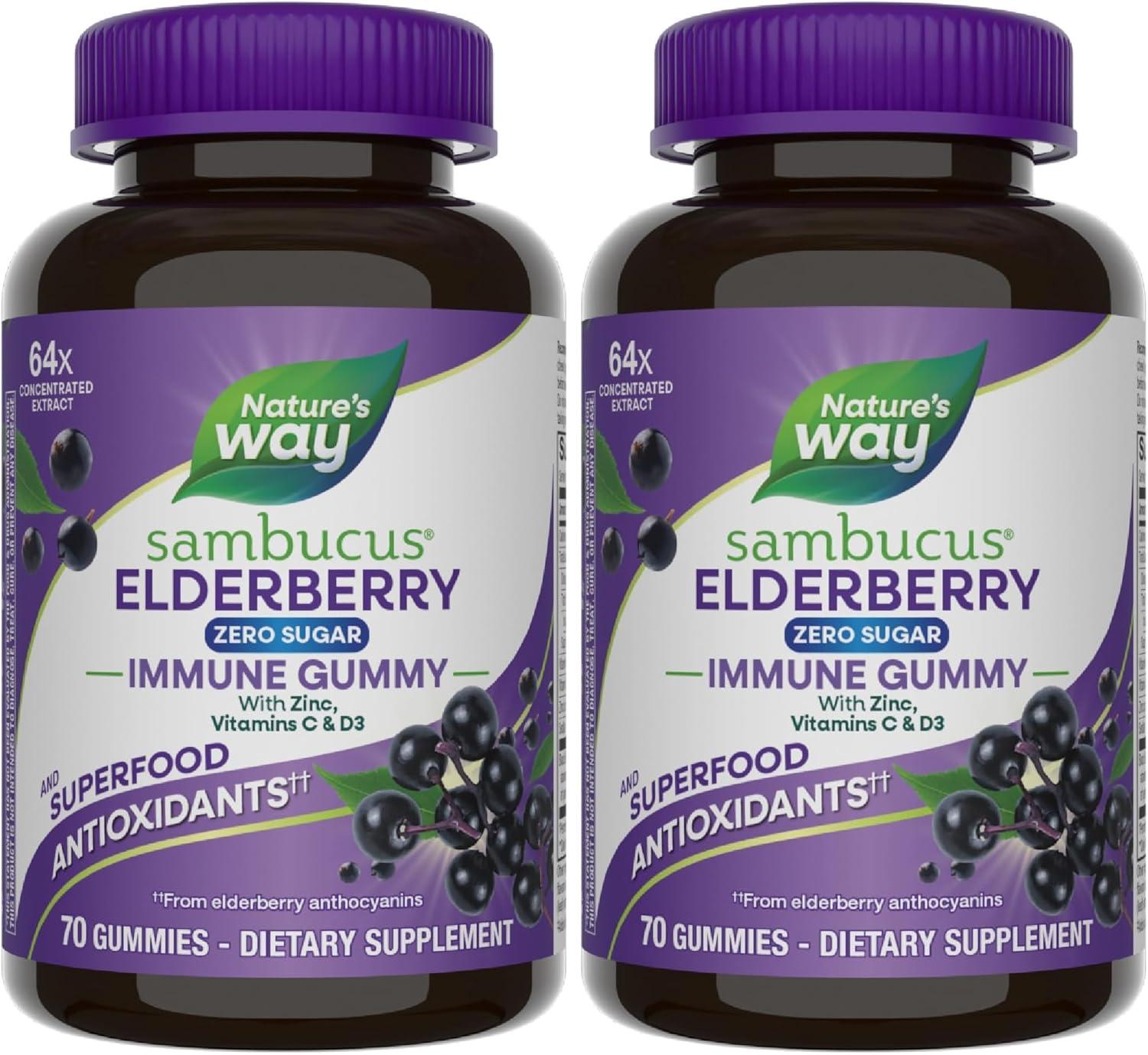 image:imageNatures Way Sambucus Zero Sugar Immune Gummies Daily Immune Support Black Elderberry Extract Vitamin C Vitamin D3 Zinc Sugar Free Sugar Alcohol Free PlantBased Sweeteners 70 GummiesAll Family