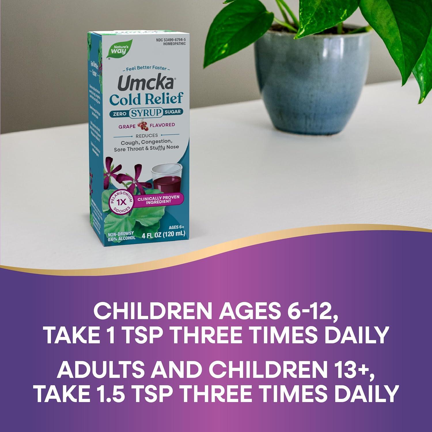 image:imageNatures Way Umcka Cold Relief Zero Sugar Syrup Umcka Homeopathic Shortens Colds Sore Throat Cough Congestion and Stuffy Nose Phenylephrine Free Grape Flavored 4 Fl Oz Packaging May Vary