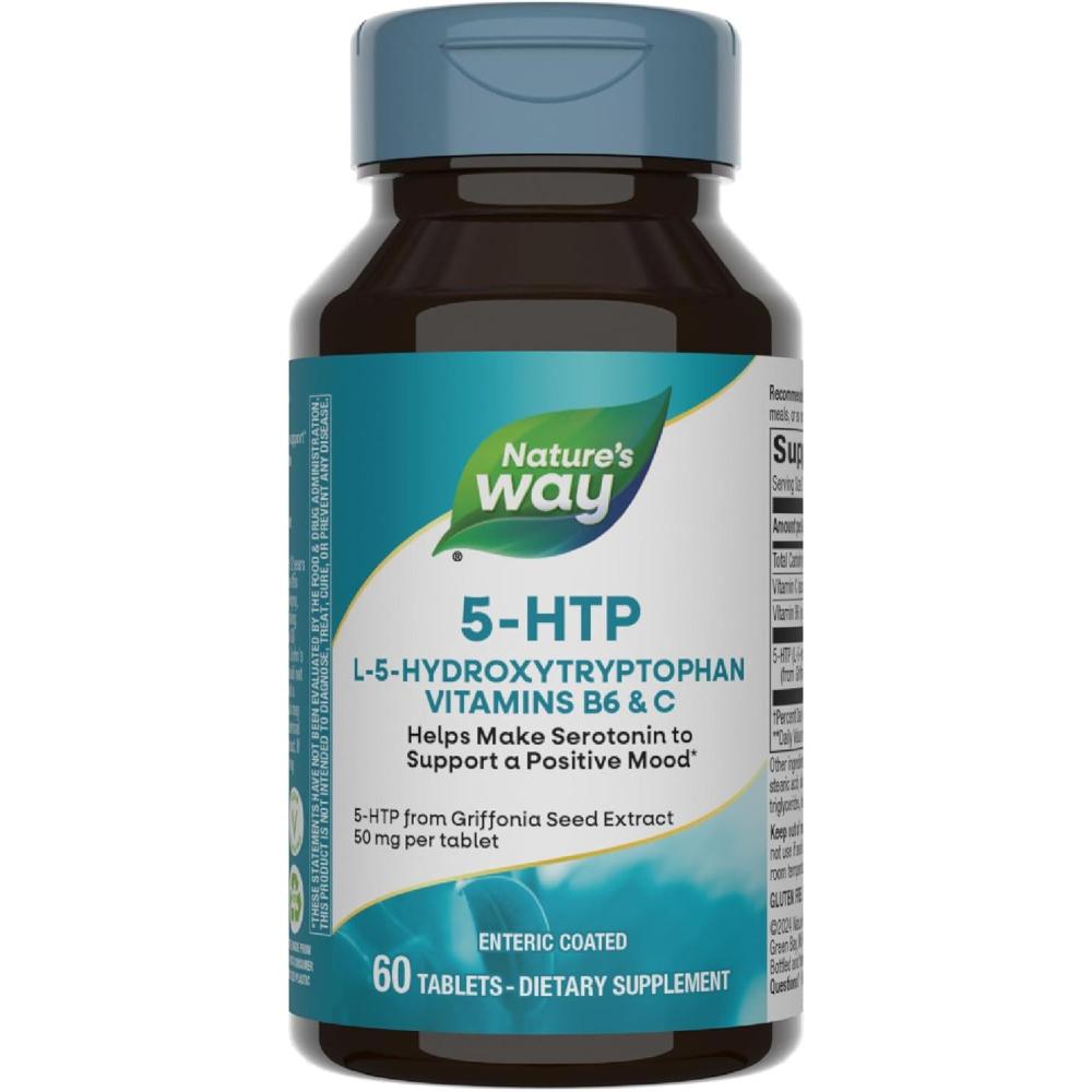 image:imageNatures Way 5HTP L5Hydroxytryptophan Helps Make Serotonin to Promote a Positive Outlook Vitamin B6 Vitamin C Griffonia Bean Extract 60 Tablets Packaging May Vary
