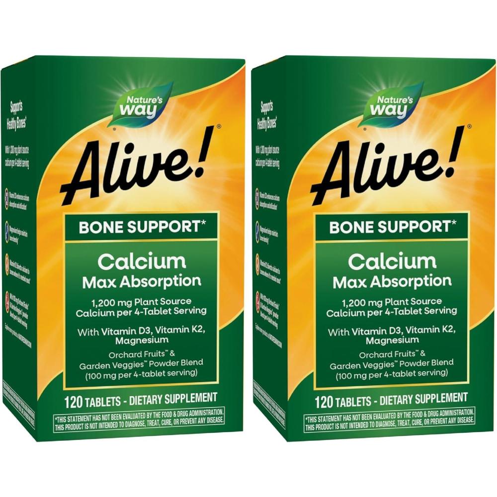image:imageNatures Way Alive Calcium Max Absorption 1200 mg calcium per 4 tablets with Vitamin D3 Bone Support Vitamin D3 amp K2 Magnesium 120 Tablets Packaging May Vary120 Count Pack of 2