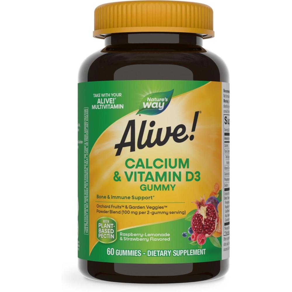 image:imageNatures Way Alive Chewable Calcium Gummies with Vitamin D3 Daily Supplement Supports Healthy Bones and Teeth and Muscle Function Strawberry and RaspberryLemonade Flavored 60 Gummies60 Count Pack of 1