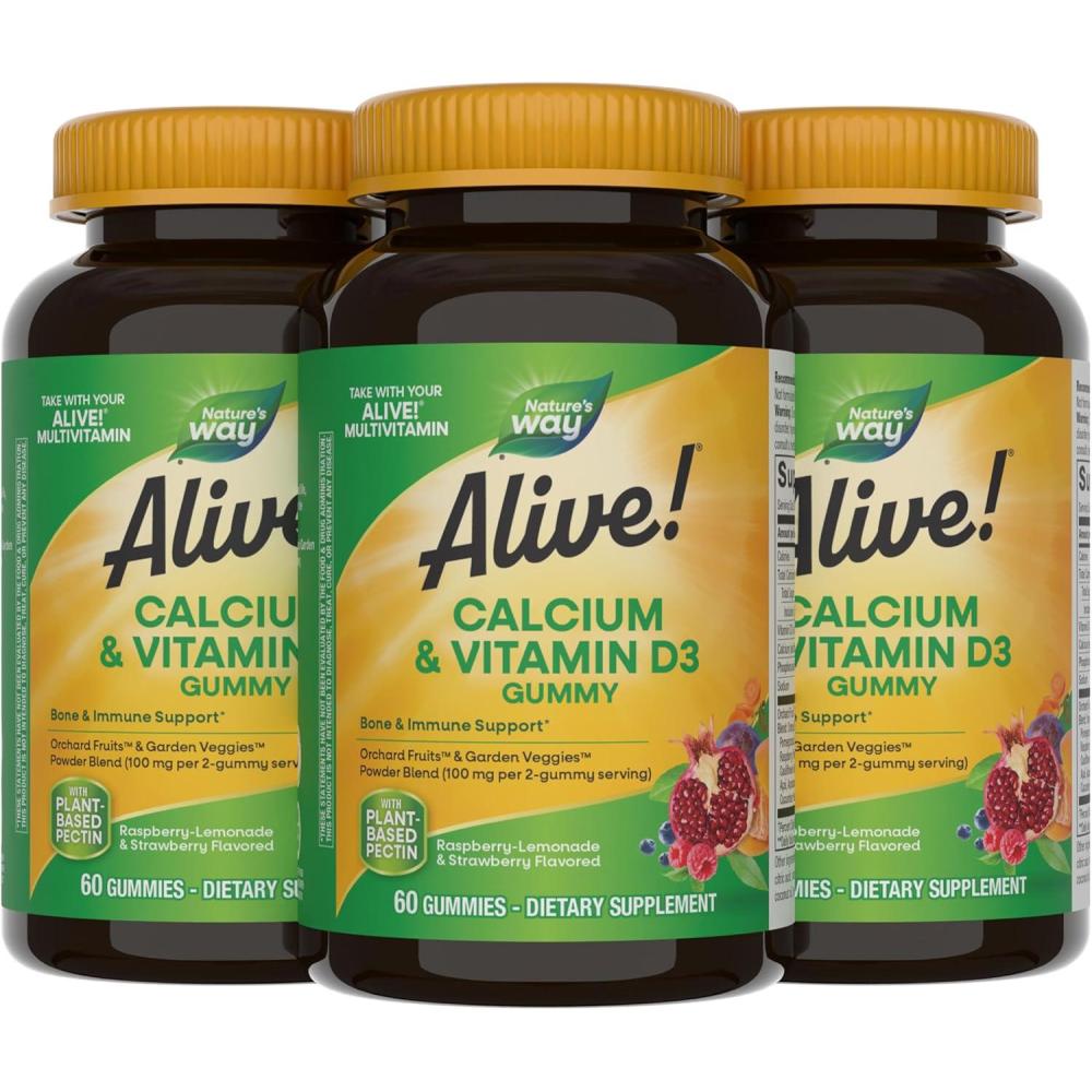 image:imageNatures Way Alive Chewable Calcium Gummies with Vitamin D3 Daily Supplement Supports Healthy Bones and Teeth and Muscle Function Strawberry and RaspberryLemonade Flavored 60 Gummies60 Count Pack of 3