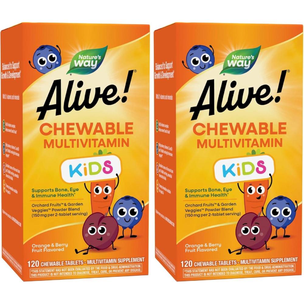 image:imageNatures Way Alive Childrens Daily Chewable Multivitamin Supports Bone Eye Immune Health Orange and Berry Fruit Flavored Gluten Free 120 Tablets120 Count Pack of 2