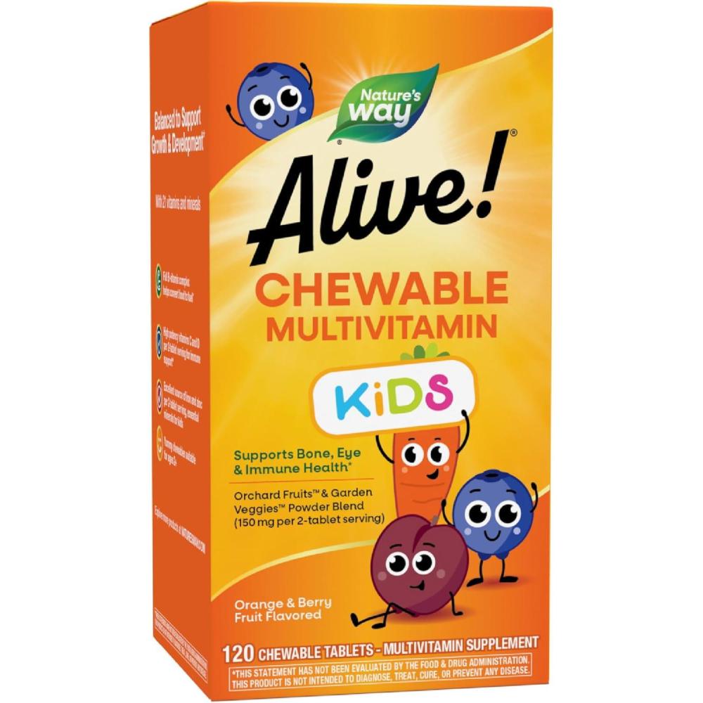 image:imageNatures Way Alive Childrens Daily Chewable Multivitamin Supports Bone Eye Immune Health Orange and Berry Fruit Flavored Gluten Free 120 Tablets120 Count Pack of 1