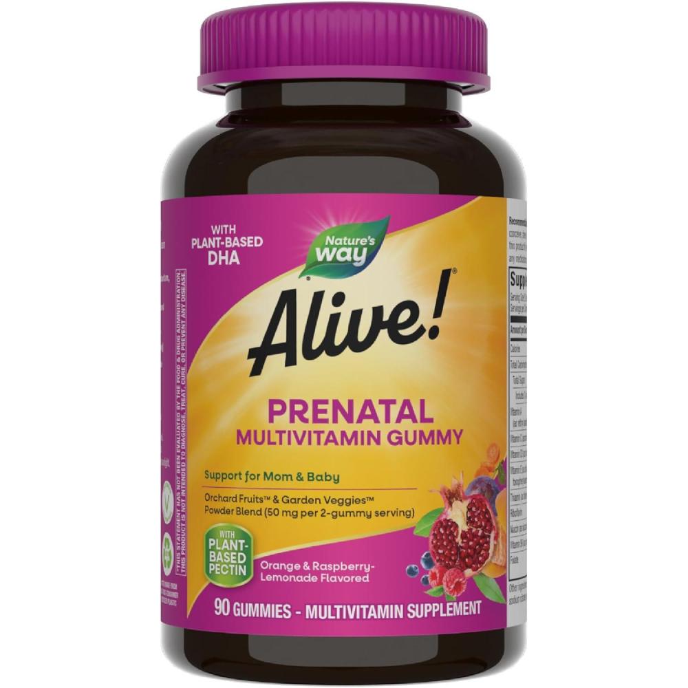 image:imageNatures Way Alive Gummy Prenatal Vitamins Prenatal Multivitamin Supplement with PlantBased DHA for Brain amp Eye Development Vegetarian Orange Raspberry Lemonade Flavored 90 Gummies