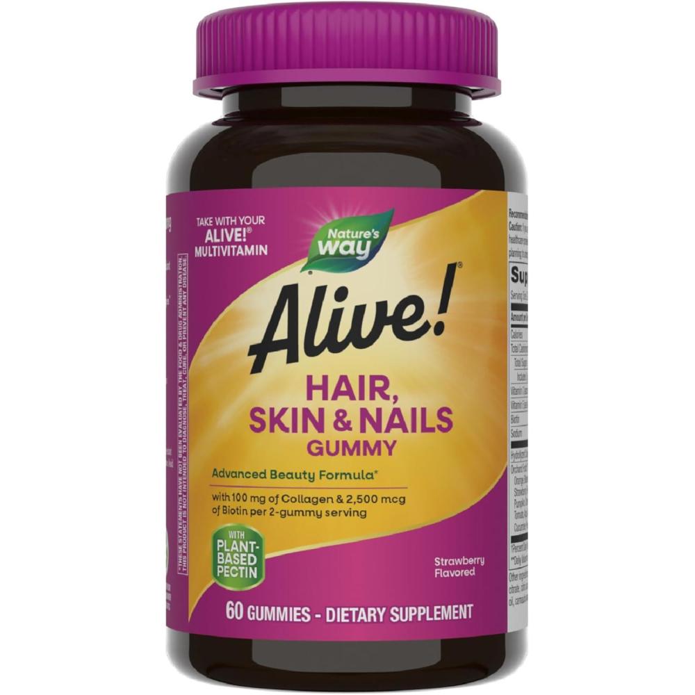 image:imageNatures Way Alive Hair Skin amp Nails Gummy Supplement Advanced Beauty Formula with Collagen 100 mg amp Biotin 2500 mcg per 2gummies Strawberry Flavored 60 Gummies Packaging May VaryStrawberry