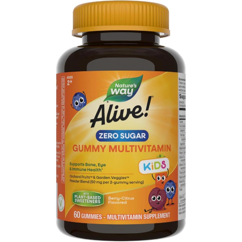 image:imageNatures Way Alive Kids Zero Sugar Gummy Multivitamins for Kids Ages 2 Supports Bone Eye amp Immune Health No Sugar Alcohols PlantBased Sweeteners BerryCitrus Flavored 60 Gummies
