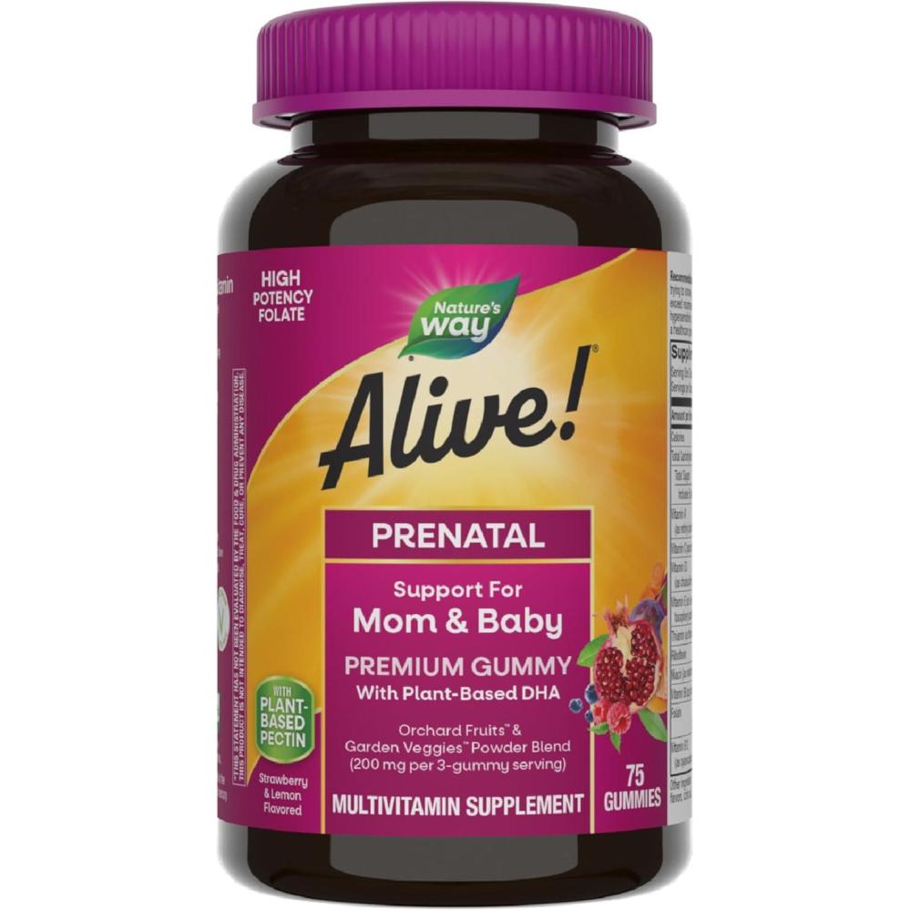 image:imageNatures Way Alive Prenatal Premium Gummy Multivitamin High Potency Folate PlantBased DHA Vegetarian Strawberry and Lemon Flavored 75 Gummies