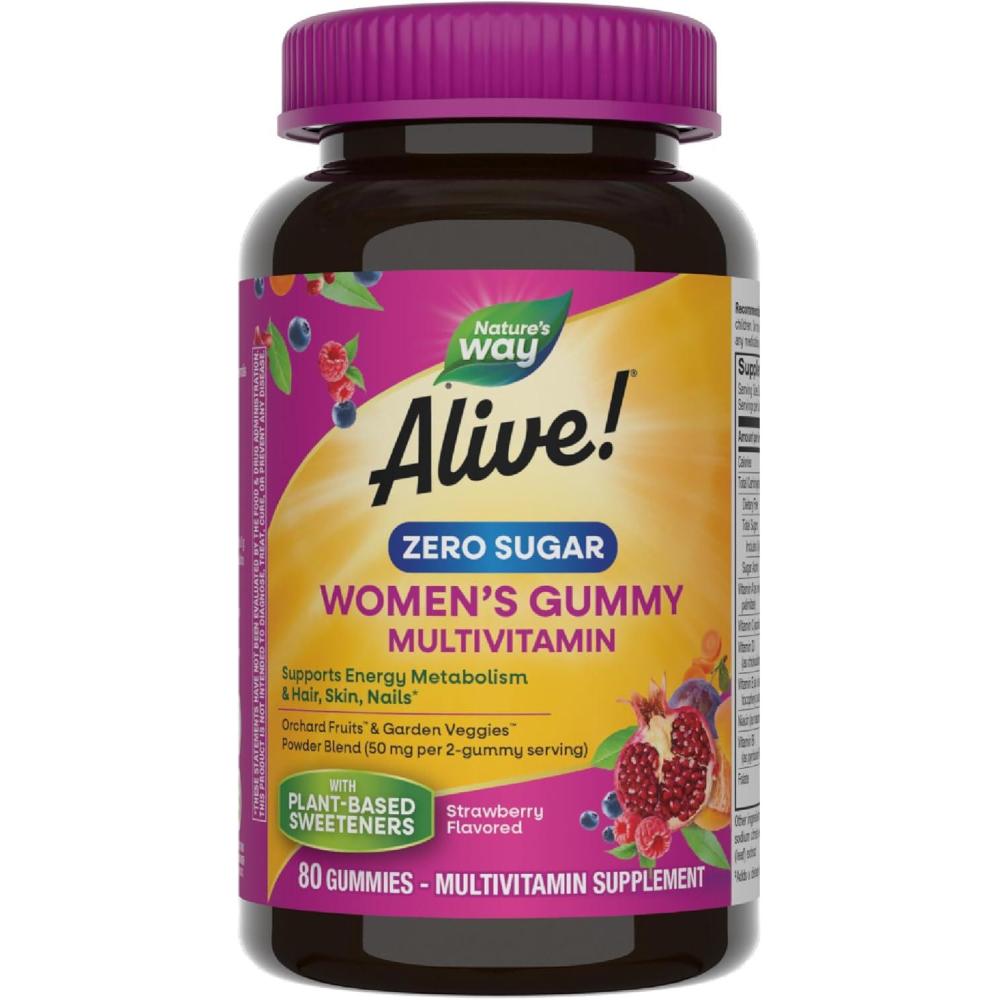 image:imageNatures Way Alive Zero Sugar Womens Gummy Multivitamins Energy Metabolism Hair Skin Nails BVitamins No Sugar Alcohols PlantBased Sweeteners Strawberry Flavored 80 Gummies