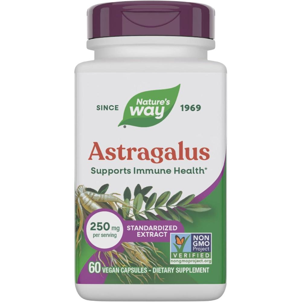 image:imageNatures Way Astragalus Premium Extract Supports Immune Health 250 mg Extract per Serving NonGMO Project Verified 60 Vegan Capsules Packaging May Vary