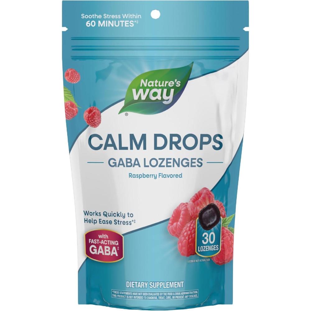 image:imageNatures Way Calm Drops Works Quickly to Help Ease Stress1 FastActing GABA Individually Wrapped Lozenges Raspberry Flavored 30 Lozenges