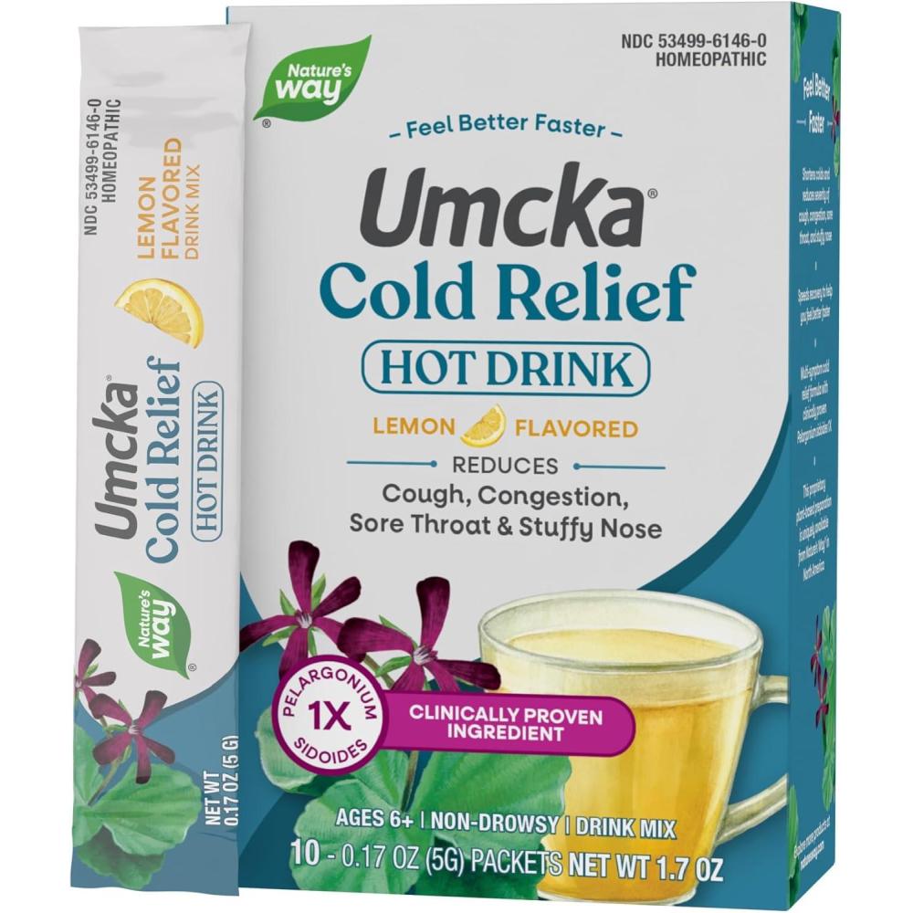 image:imageNatures Way Cold Relief Hot Drink Umcka Homeopathic Clinically Proven Pelargonium Sidoides 1X for Cough Congestion Sore Throat Stuffy Nose Lemon Flavored 10 Packets