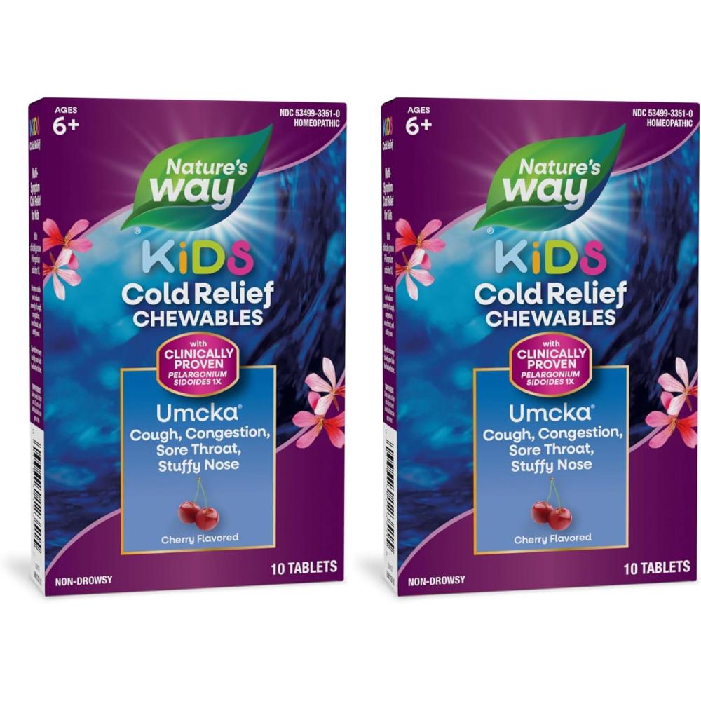 image:imageNatures Way Kids Umcka Cold Relief Chewables Ages 6 Shortens Duration and Reduces Severity MultiSymptom Cold Remedy NonDrowsy Cherry Flavored 10 Tablets10 Count Pack of 2