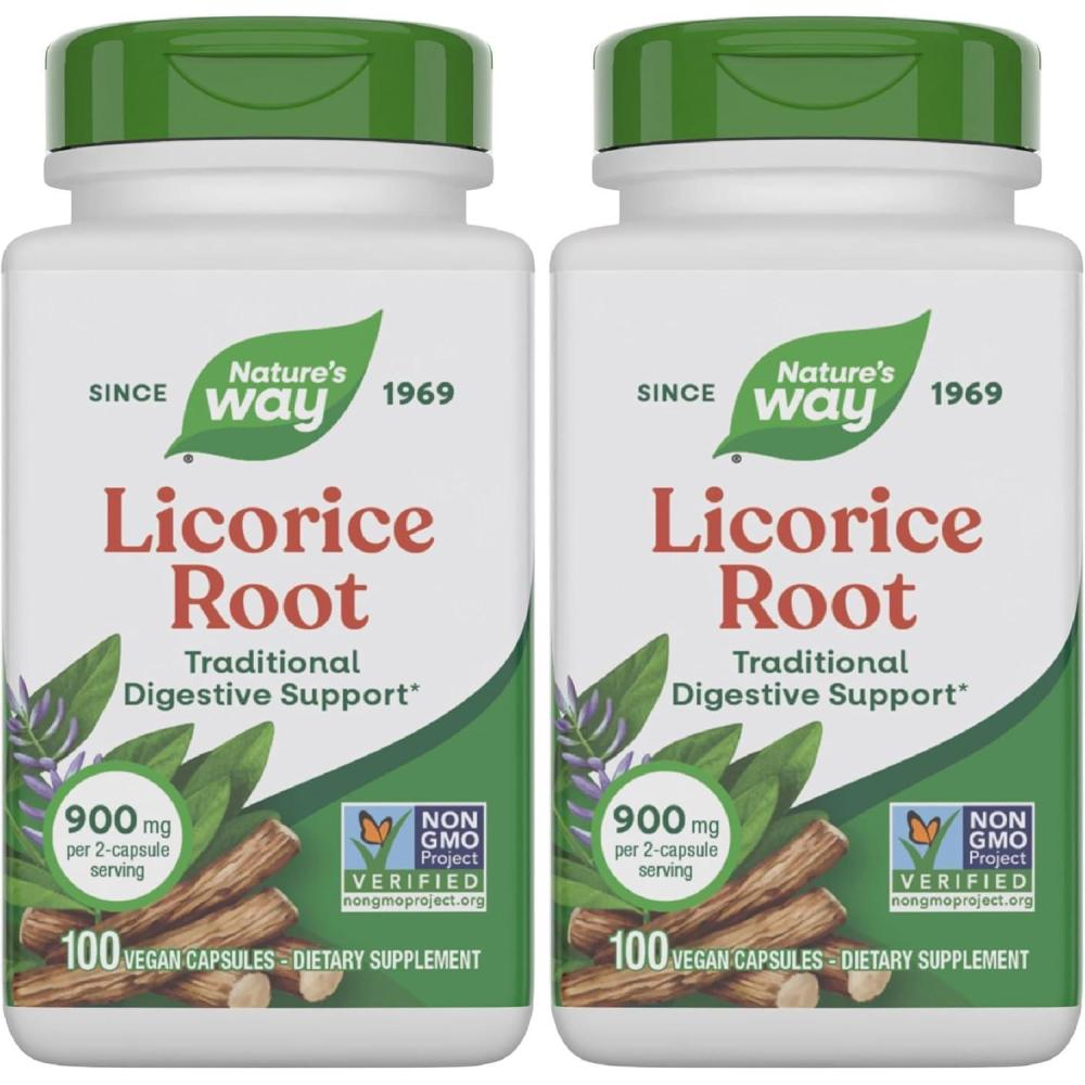 image:imageNatures Way Licorice Root Traditional Digestive Support Supplement 900 mg per 2Capsule Serving NonGMO Project Verified 100 Vegan Capsules Packaging May Vary100 Count Pack of 2