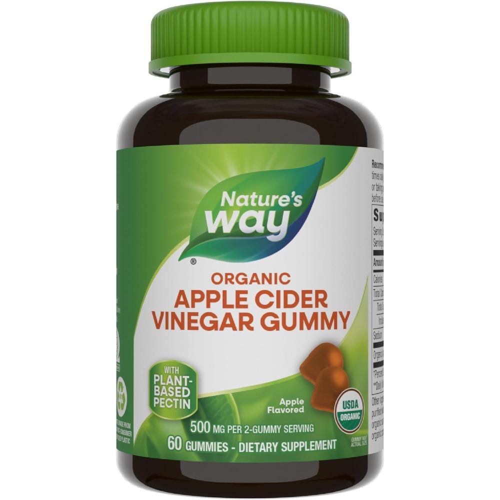 image:imageNatures Way Organic Apple Cider VinegarGummies 500 mg Organic Apple Cider Vinegar per 2Gummy Serving Apple Flavored60 GummiesPackaging May VaryOrganic Apple Cider Vinegar