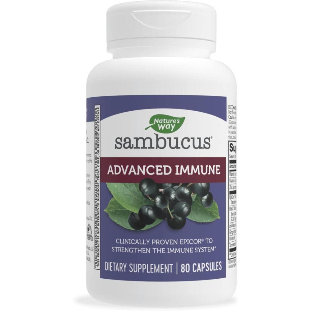 image:imageNatures Way Sambucus Advanced Immune Capsules with Black Elderberry Vitamin C Vitamin D Echinacea and Zinc Immune System Support with EpiCor 80 Capsules80 Count Pack of 1