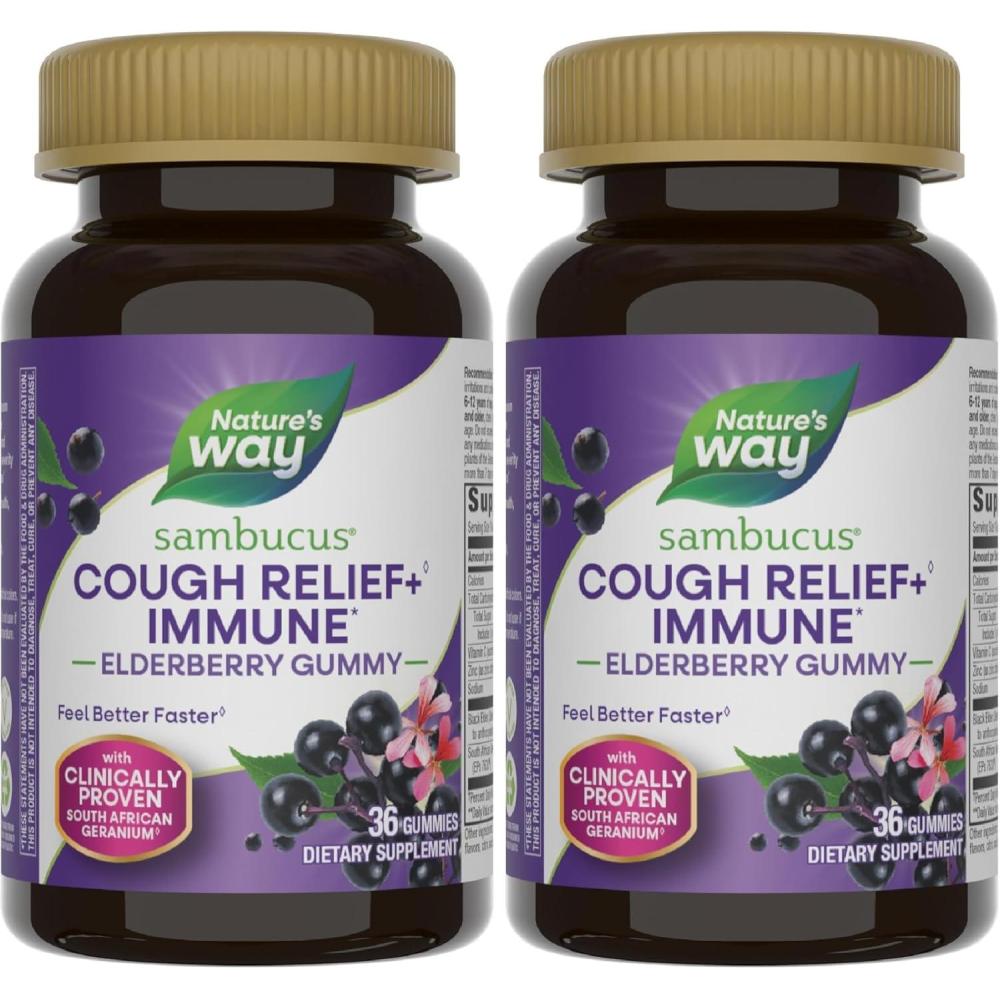 image:imageNatures Way Sambucus Cough Relief 1 Immune Elderberry Gummy Clinically Proven South African Geranium Root Extract1 Elderberry Extract Vitamin C amp Zinc 36 Gummies Packaging May Vary36 Count Pack of 2