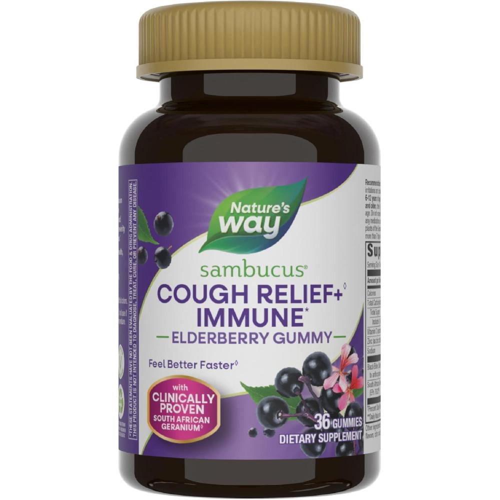 image:imageNatures Way Sambucus Cough Relief 1 Immune Elderberry Gummy Clinically Proven South African Geranium Root Extract1 Elderberry Extract Vitamin C amp Zinc 36 Gummies Packaging May Vary36 Count