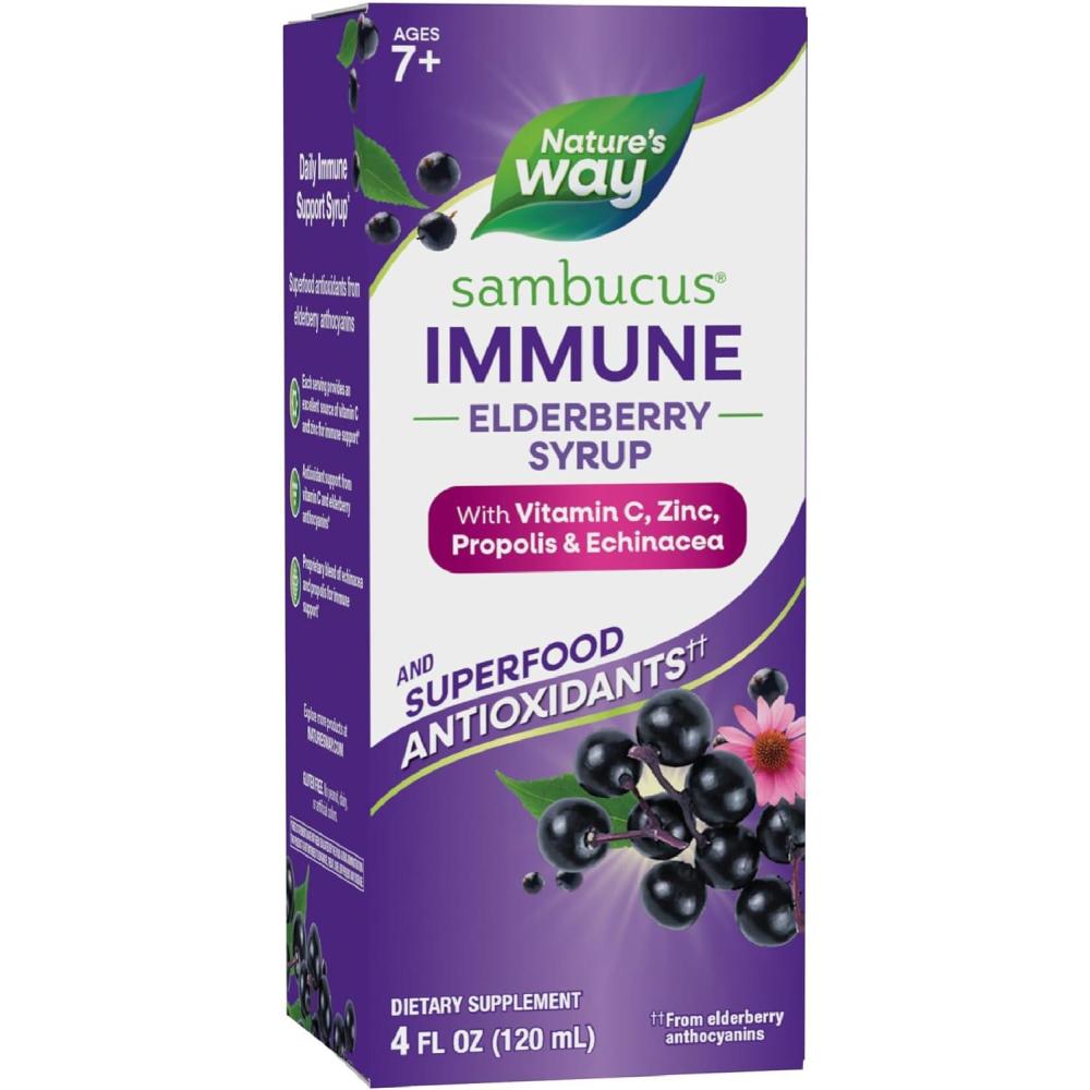 image:imageNatures Way Sambucus Immune Elderberry Syrup Elderberry extract Vitamin C and Zinc with Propolis amp Echinacea for Immune Support with Superfood Antioxidants1 8 Fl Oz Packaging May Vary4 Fl Oz Pack of 1