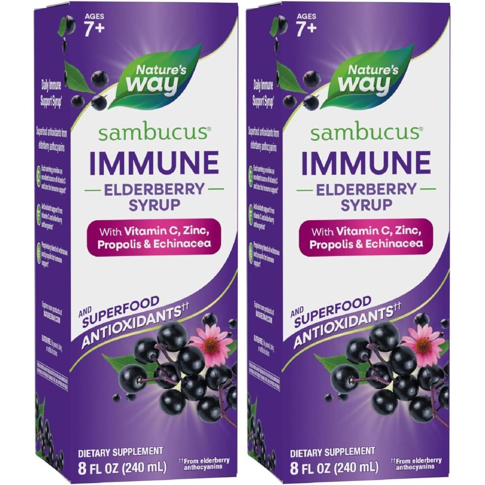 image:imageNatures Way Sambucus Immune Elderberry Syrup Elderberry extract Vitamin C and Zinc with Propolis amp Echinacea for Immune Support with Superfood Antioxidants1 8 Fl Oz Packaging May Vary8 Fl Oz Pack of 2