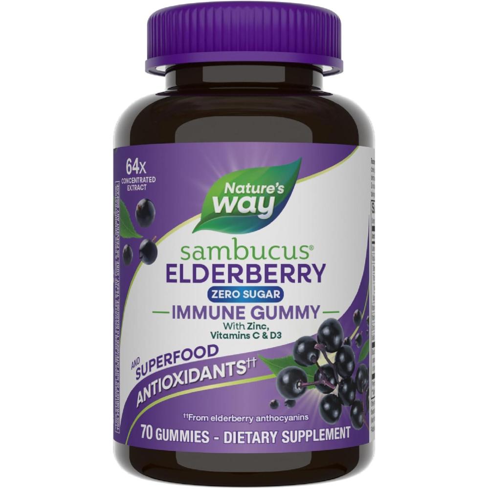 image:imageNatures Way Sambucus Zero Sugar Immune Gummies Daily Immune Support Black Elderberry Extract Vitamin C Vitamin D3 Zinc Sugar Free Sugar Alcohol Free PlantBased Sweeteners 70 GummiesAll Family