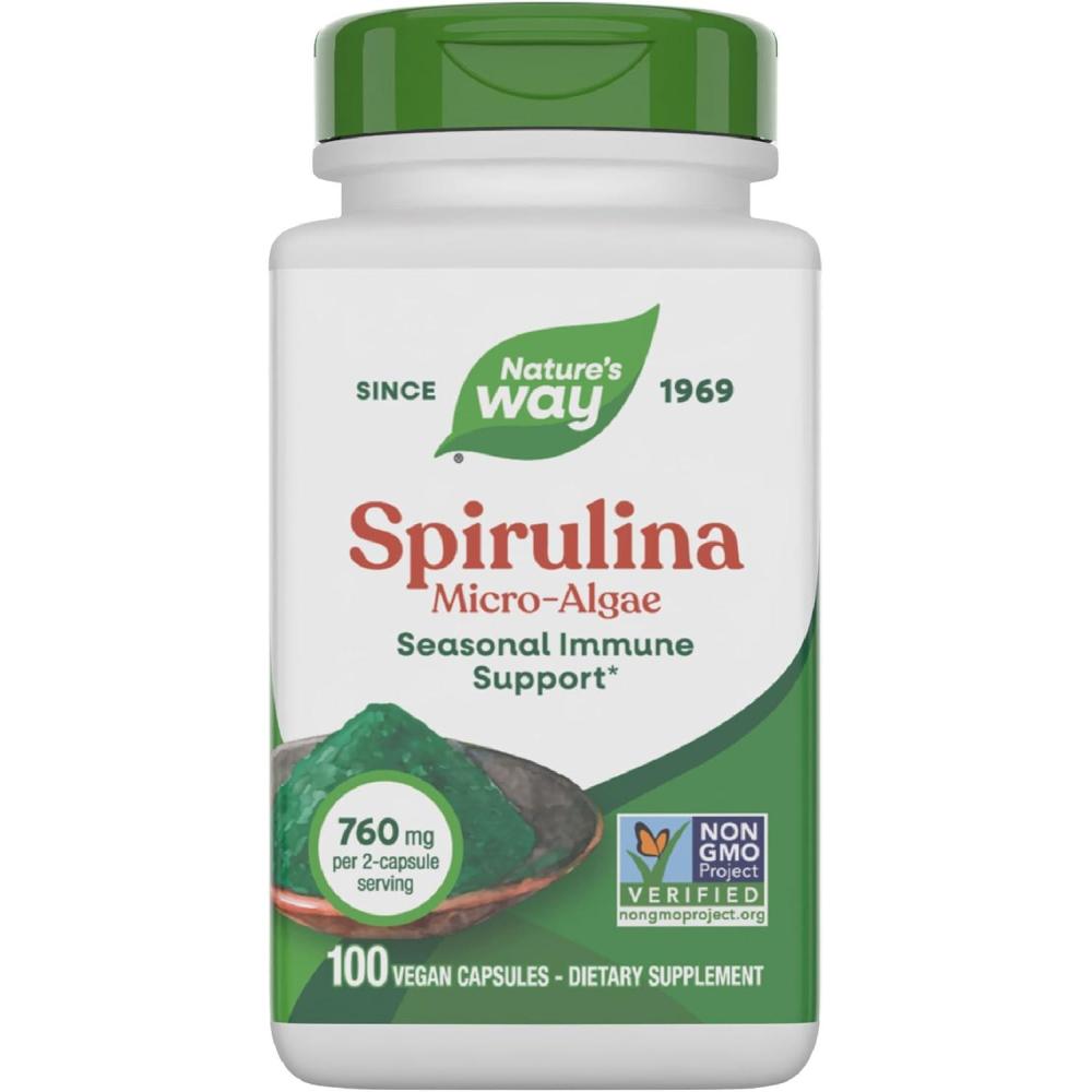 image:imageNatures Way Spirulina MicroAlgae Seasonal Immune Support Source of Vitamin A Beta Carotene 760 mg per Serving 100 Vegan Capsules Packaging May Vary100 Count Pack of 1