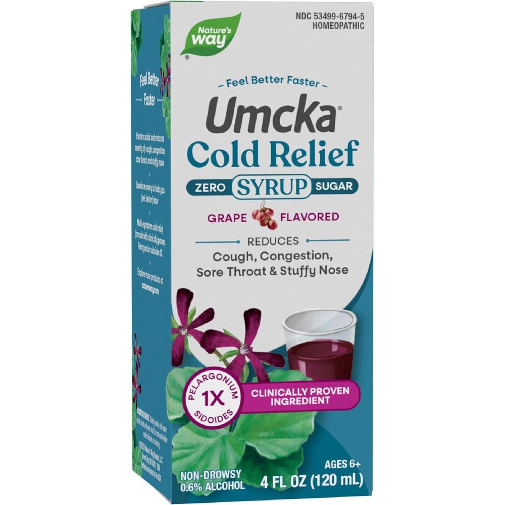 image:imageNatures Way Umcka Cold Relief Zero Sugar Syrup Umcka Homeopathic Shortens Colds Sore Throat Cough Congestion and Stuffy Nose Phenylephrine Free Grape Flavored 4 Fl Oz Packaging May Vary