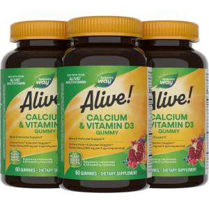 Nature’s Way Alive! Chewable Calcium Gummies with Vitamin D3, Daily Supplement Supports Healthy Bones and Teeth, and Muscle Function*, Strawberry and Raspberry-Lemonade Flavored, 60 Gummies(60 Count (Pack of 3))