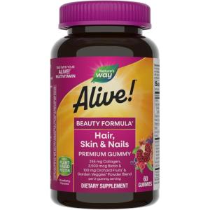 Nature’s Way Alive! Hair, Skin & Nails Premium Gummies, Beauty Formula*, with Collagen, Biotin, Vitamins C & E, Strawberry Flavored, 60 Gummies