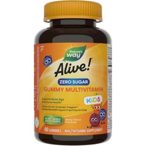 Nature’s Way Alive! Kids Zero Sugar Gummy Multivitamins, for Kids Ages 2+, Supports Bone, Eye & Immune Health*, No Sugar Alcohols, Plant-Based Sweeteners, Berry-Citrus Flavored, 60 Gummies