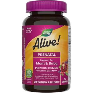 Nature’s Way Alive! Prenatal Premium Gummy Multivitamin, High Potency Folate, Plant-Based DHA, Vegetarian, Strawberry and Lemon Flavored, 75 Gummies