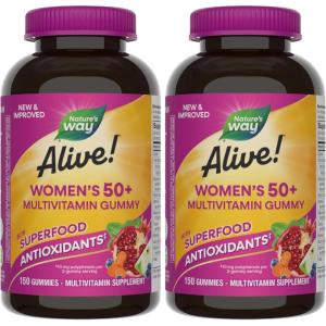 Nature’s Way Alive! Women’s 50 Plus Multivitamin Gummy, Daily Chewable Multivitamins with B-Vitamins, Vitamin D3, Calcium, Supports Heart, Brain & Bone Health,* Mixed Berry Flavored, 130 Count(150 Count (Pack of 2))