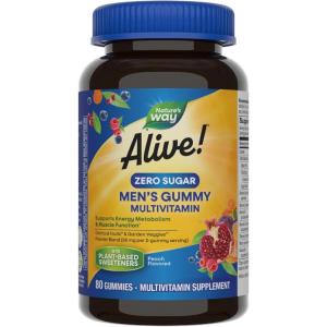 Nature’s Way Alive! Zero Sugar Men’s Gummy Multivitamins, Energy Metabolism*, Muscle Function*, B-Vitamins, No Sugar Alcohols, Plant-Based Sweeteners, Peach Flavored, 80 Gummies