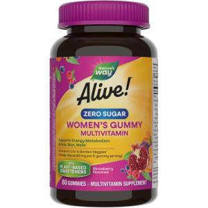 Nature’s Way Alive! Zero Sugar Women’s Gummy Multivitamins, Energy Metabolism*, Hair, Skin, Nails*, B-Vitamins, No Sugar Alcohols, Plant-Based Sweeteners, Strawberry Flavored, 80 Gummies