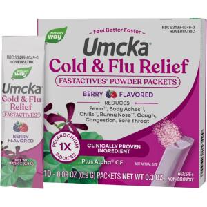 Nature’s Way Cold + Flu Relief FastActives, Umcka, Homeopathic, Fever*, Sore Throat, Cough, Congestion, Body Aches*, Phenylephrine Free, Non-Drowsy, Berry Flavored, 60 Packets (Packaging May Vary)(10 Count (Pack of 1))