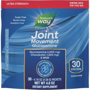 Nature’s Way Joint Movement Glucosamine Drink Mix, Ultra Strength Glucosamine, MSM, Hyaluronic Acid, Vitamin D3, Supports Bones, Muscles, Cartilage*, No Sugar, Joint Support*, 30 Unflavored Packets