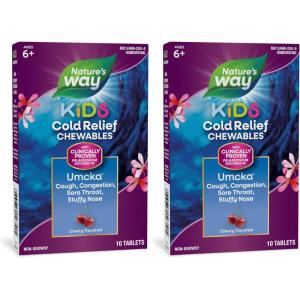 Nature’s Way Kids Umcka Cold Relief Chewables, Ages 6+, Shortens Duration and Reduces Severity, Multi-Symptom Cold Remedy, Non-Drowsy, Cherry Flavored, 10 Tablets(10 Count (Pack of 2))