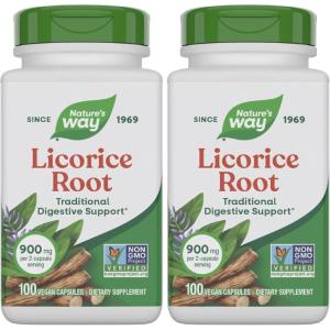 Nature’s Way Licorice Root, Traditional Digestive Support Supplement*, 900 mg per 2-Capsule Serving, Non-GMO Project Verified, 100 Vegan Capsules (Packaging May Vary)(100 Count (Pack of 2))