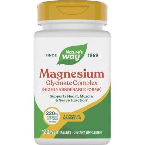 Nature’s Way Magnesium Glycinate Complex, Supports Heart, Muscle, Nerve Function*, Highly Absorbable, 220 mg per 2-Tablet Serving, No Gluten, Vegan, 120 Tablets (Packaging May Vary)