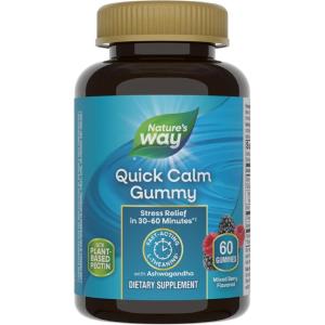 Nature’s Way Quick Calm Gummies, L-Theanine for Relaxation*, Fast-Acting, Stress Relief from L-Theanine Within 30-60 minutes*, with Ashwagandha, Vegetarian, Mixed Berry Flavored,  60 Gummies