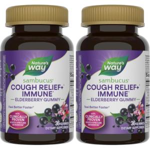 Nature’s Way Sambucus Cough Relief +(1) Immune* Elderberry Gummy, Clinically Proven South African Geranium Root Extract(1), Elderberry Extract, Vitamin C & Zinc, 36 Gummies (Packaging May Vary)(36 Count (Pack of 2))