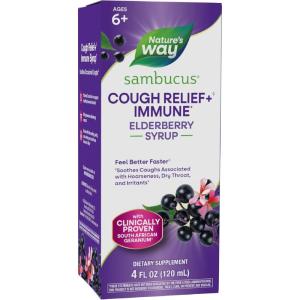 Nature’s Way Sambucus Cough Relief +(1) Immune Syrup*, Feel Better Faster(1), Clinically Proven South African Geranium, with Elderberry Extract, Vitamin C & Zinc, 8 Oz (Packaging May Vary)(4 Ounce)