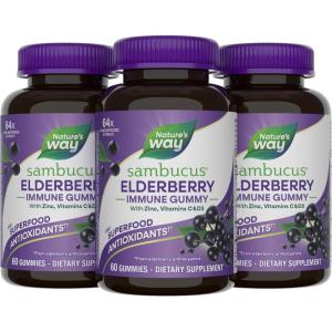 Nature’s Way Sambucus Elderberry Gummies, Immune Support Gummy for Adults & Kids Ages 4+ with Black Elderberry Extract, Vitamin C, Vitamin D3, and Zinc*, 60 Gummies (Set of 3)(Original  180 ct)