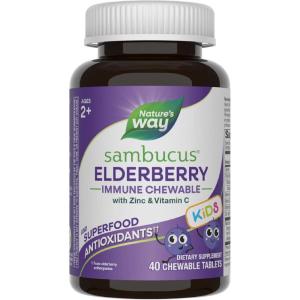 Nature’s Way Sambucus Elderberry Immune Chewable for Kids, Ages 2+, Immune Support*, Vitamin C, Zinc, with Superfood Antioxidants(1), Gluten Free, 40 Chewable Tablets (Packaging May Vary)