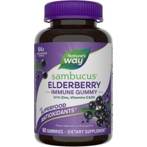 Nature’s Way Sambucus Elderberry Immune Gummies, Daily Immune Support for Kids and Adults*, with Vitamin C, Vitamin D3, Zinc, Gluten Free, Vegetarian, 60 Gummies (Packaging May Vary)(60 Count (Pack of 1))