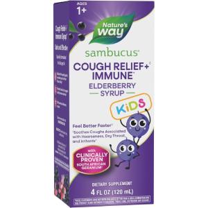 Nature’s Way Sambucus Kids Cough Relief +(1) Immune Syrup*, Feel Better Faster(1), Clinically Proven South African Geranium, with Elderberry Extract, Vitamin C & Zinc, Gluten Free, Vegan, 4 Fl Oz(4 Ounce)
